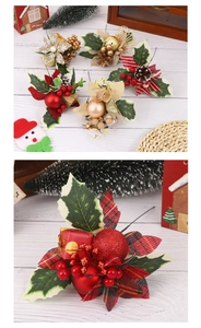 Detailed view of artificial Christmas picks with red berries, pine cones and plaid ribbons