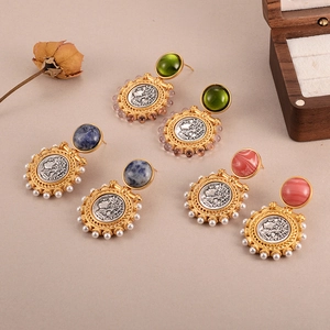 Vintage gold coin earrings with resin portrait and pearl fringe in multiple colors