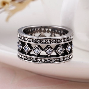 Vintage stainless steel wide ring for men with white zircon and black oxidized finish
