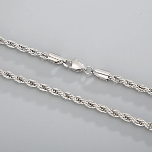 Detail view of silver stainless steel twist chain with a secure lobster clasp fastener