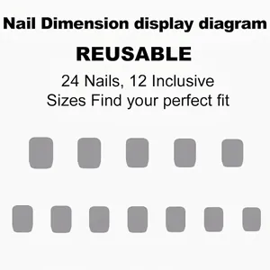 Size guide for 24pcs reusable solid color press-on nails with 12 specific dimensions