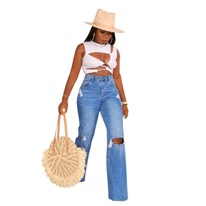 Hohe Taille weite Jeans in Blau mit Destroyed-Effekten und weitem Bein für Damen