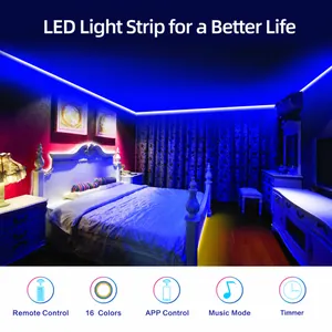 Plafond de chambre et tête de lit décorés de bandes LED RGB avec contrôle par app