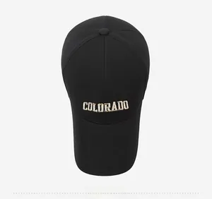 Top view of a black cotton baseball cap featuring Colorado beige 3D embroidery detail