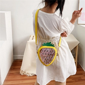 Cute yellow strawberry crossbody jelly bag for kids with pink sequins and PU strap