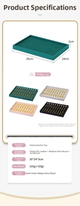 Detailed size and color guide for velvet ring display trays with 100 slots and PU leather