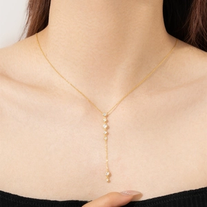 Elegant 925 sterling silver gold-plated Y-shaped necklace with dangling round zircon stones