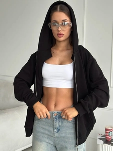 Oversized black zip-up hoodie with a vintage American loose fit and warm fleece lining