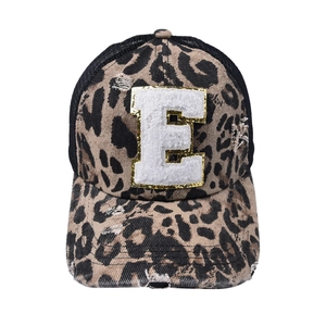 Distressed leopard print baseball cap with glitter letter E and breathable mesh back