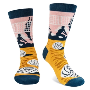 Detail of beach volleyball crew socks featuring navy blue, pink and yellow silhouettes