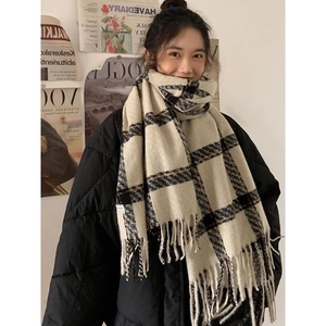 Winter checkered scarf in beige with thick wool-like texture and soft tassels for women