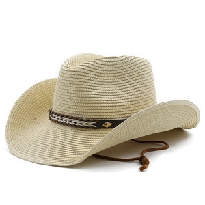 Straw cowboy hat with wide brim, leather band and adjustable chin strap on white background