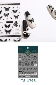 3D butterfly embossed nail stickers with black butterfly motifs and artistic typography