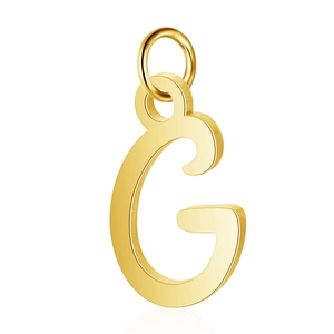 Detailed close-up of golden stainless steel hollow letter G pendant with polished finish