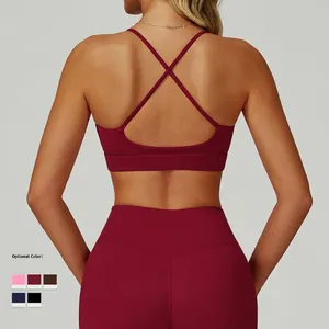 Burgundy cross back sports bra and high waist yoga leggings set in matte fabric