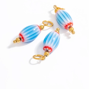 Nepal style glass pendants with blue stripes and gold hooks for DIY necklace making
