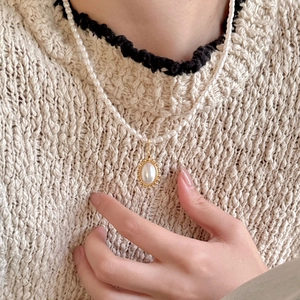 Elegant French Vintage Artificial Pearl Necklace With Oval Pendant 925 Sterling Silver 18K Gold Plated Retro Jewelry For Women