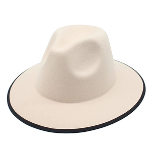 Elegant cream wool felt fedora with black contrast binding and teardrop crown