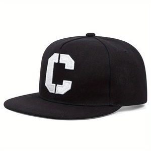 Hip hop black flat brim baseball cap featuring a white 3D embroidered letter C design