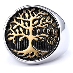 Detailed view of Tree of Life signet ring with gold relief and antique texture finish