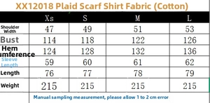 Detailed sizing chart for women's plaid scarf shirt featuring poplin fabric measurements