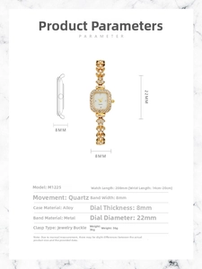 Dimensions détaillées de la montre quartz pour femme avec boîtier doré et strass brillants