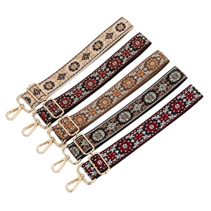 Set of five ethnic style adjustable bag straps with floral embroidery and gold hooks