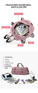 Detailed view of checkered travel bag capacity and functional compartments