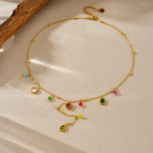 Gold stainless steel Y-shaped necklace with colorful heart and teardrop crystal pendants