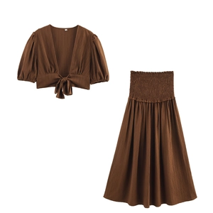 Women Puff Sleeve V Neck Tie Front Crop Top And Smocked Waist Midi Skirt Summer Beach Vacation Solid Color Textured