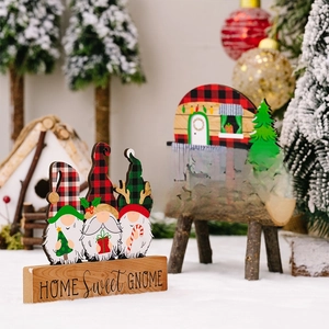 Festive Christmas wooden gnomes and holiday camper desk ornaments with warm home greetings