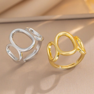 Bague Géométrique Évidée En Laiton Plaqué Or 18K Minimaliste Triple Ovale Ouverte Réglable Bijoux De Mode Pour Femmes