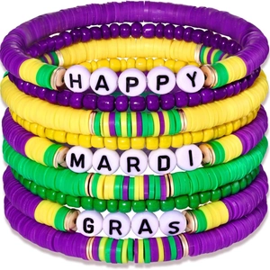 Farbenfrohes Karnevals-Armbandset aus Tonperlen mit Happy Mardi Gras-Buchstaben