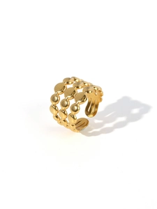 Detail showing 18k gold plated triple-layer open ring with round disc decorations