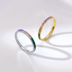 Rainbow Zircon Ring Stainless Steel Colorful Baguette Cut Inlaid Band For Women Fashion Minimalist Accessory Jewelry
