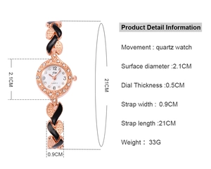 Detailed size chart for rose gold quartz watch with leaf bracelet and rhinestone links