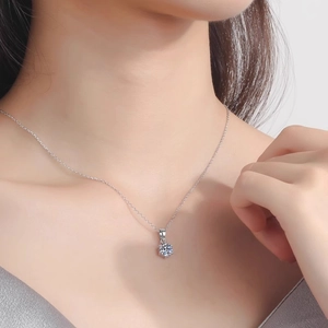 Elegant 925 sterling silver moissanite solitaire pendant necklace on female model