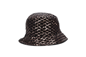 Close-up of black bucket hat with copper gold sequins in a diamond lattice pattern