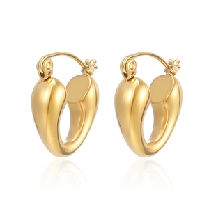 French vintage gold V-shaped heart hoop earrings in polished stainless steel for women