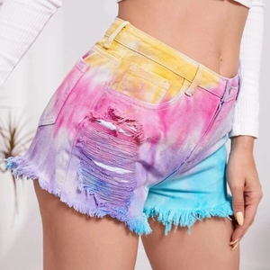 Colorful high-waisted tie-dye denim shorts with distressed ripped holes and fringe hems