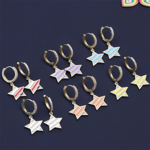 Star Drop Huggie Earrings With Colorful Enamel Stripes Copper And Zirconia Five-Pointed Star Jewelry For Women