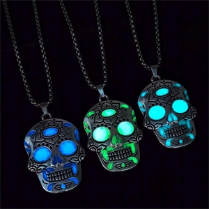 Luminous Mexican sugar skull necklaces with glowing patterns for Halloween and Day of Dead