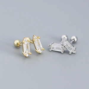 925 Sterling Silver Ear Studs With Rectangular Cubic Zirconia Geometric Screw Ball Back Simple Sparkly Earrings For Women