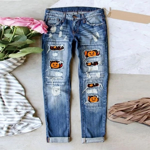 Jean En Denim Déchiré Pour Femme Taille Mi-Haute Jambe Droite Pantalon Long Avec Imprimés Patchwork Citrouille Crâne Carreaux Cœur