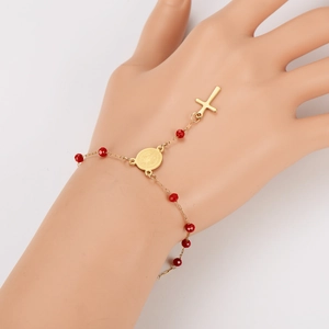 Bracelet chapelet en acier doré avec perles rouges foncées, pendentif croix et médaille