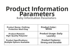 Detailed chart showing white polyester laundry mesh bag specifications and durable features