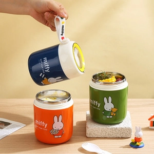 Detail of Miffy stainless steel soup jars in blue, orange, and green with portable straps