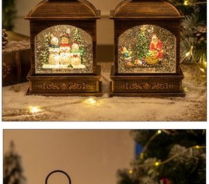 Close-up of vintage bronze Christmas lanterns with snowman and Santa scenes inside