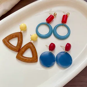 Fashionable resin acrylic geometric drop earrings set with colorful round and triangle charms