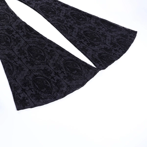 Detailed view of the sheer black lace flare leggings featuring gothic floral print patterns